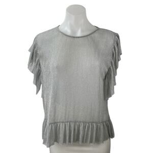 Zara Women's Gray Silver Metallic Sparkle Ruffle Flutter Sleeve Blouse Top Sz M